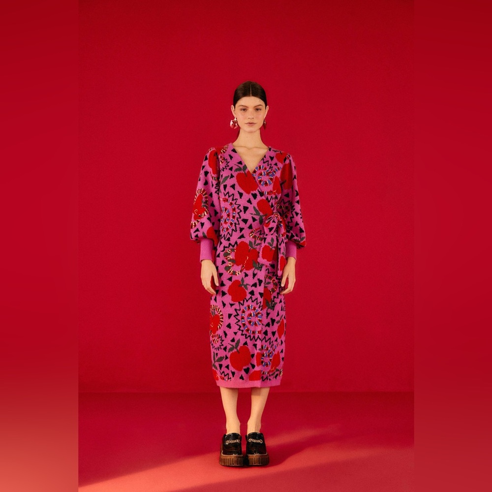 Farm Rio, Pink Snake Fruit Sweater Wrap Dress, Size XS, NWT (New with tags)